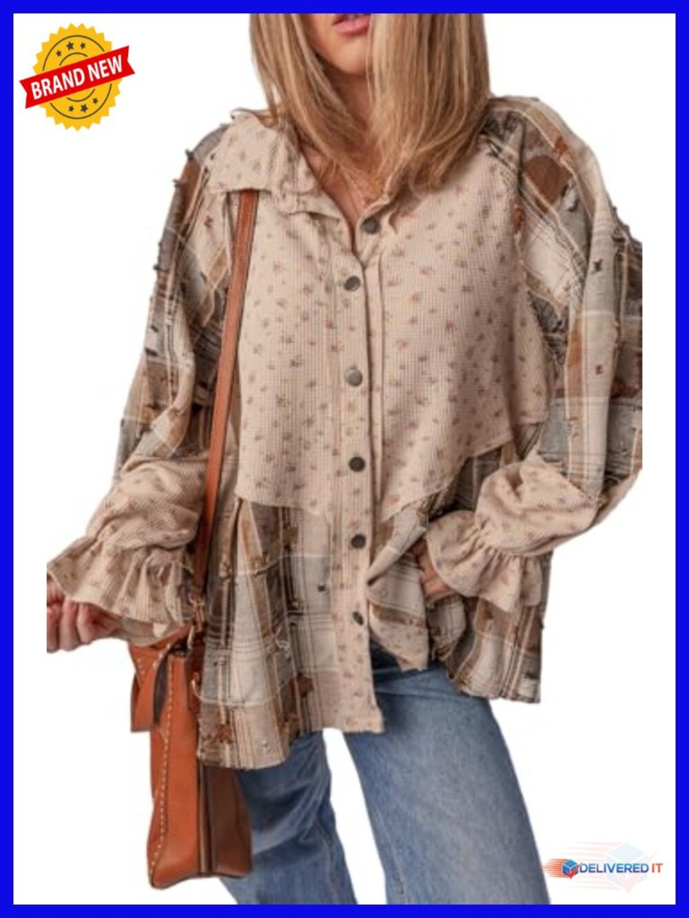 Waffle Knit Button Down Shirt for Women Ruffled Sleeve Shacket Loose Fit